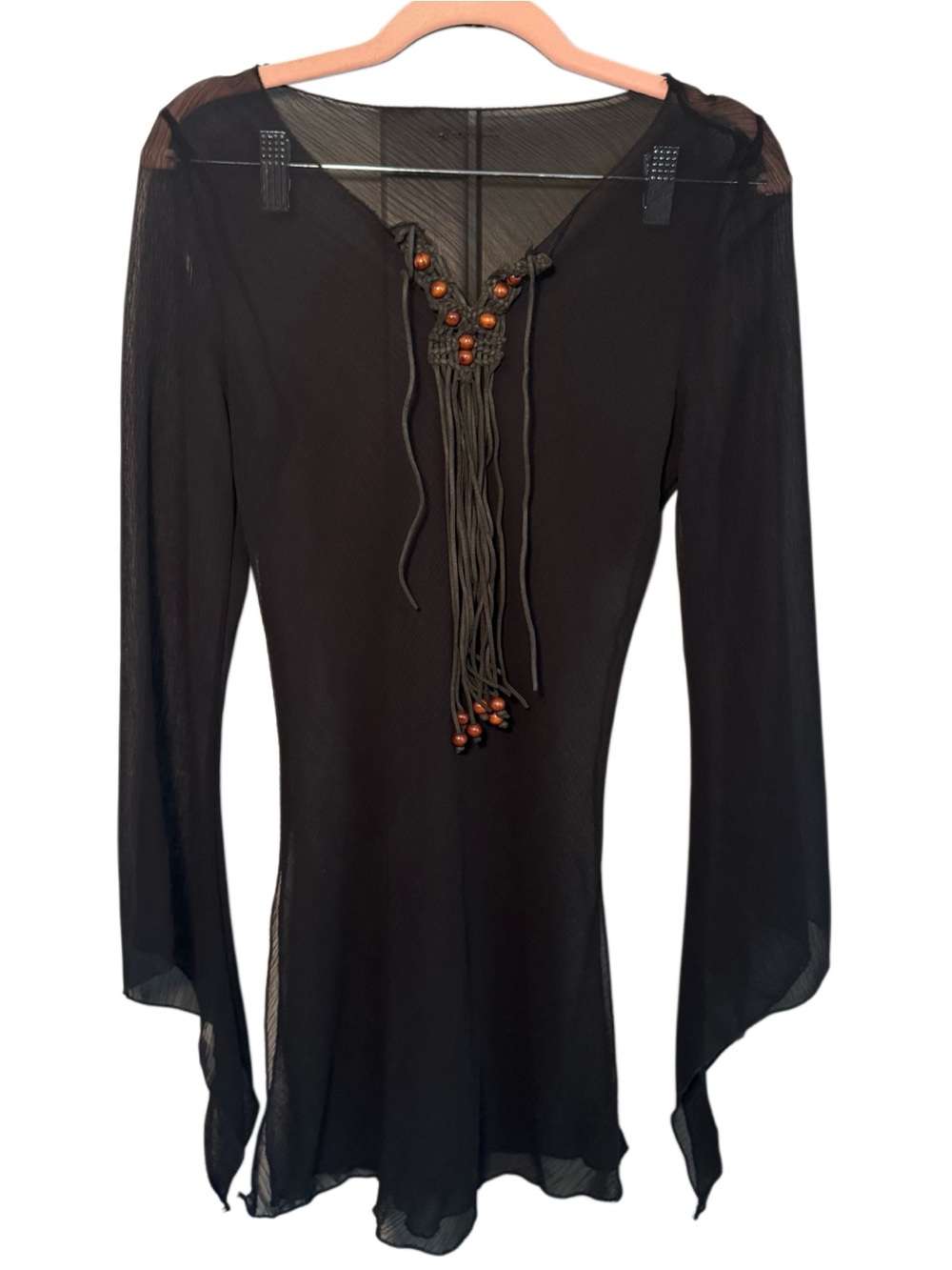 Sheer Black Boho Tie-Front Tunic with Bead Fringe